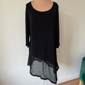 Eileen Fisher Black Long-Sleeve Silk Jersey Tunic Asymmetric Sheer Layer Hem Top